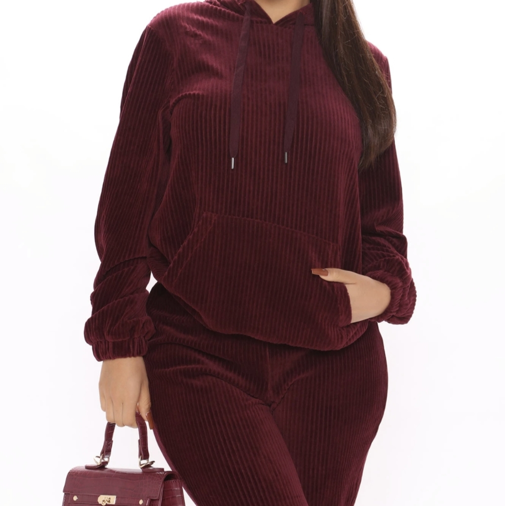 NEW Ribbed Hoodie And Jogger Set - Burgundy M